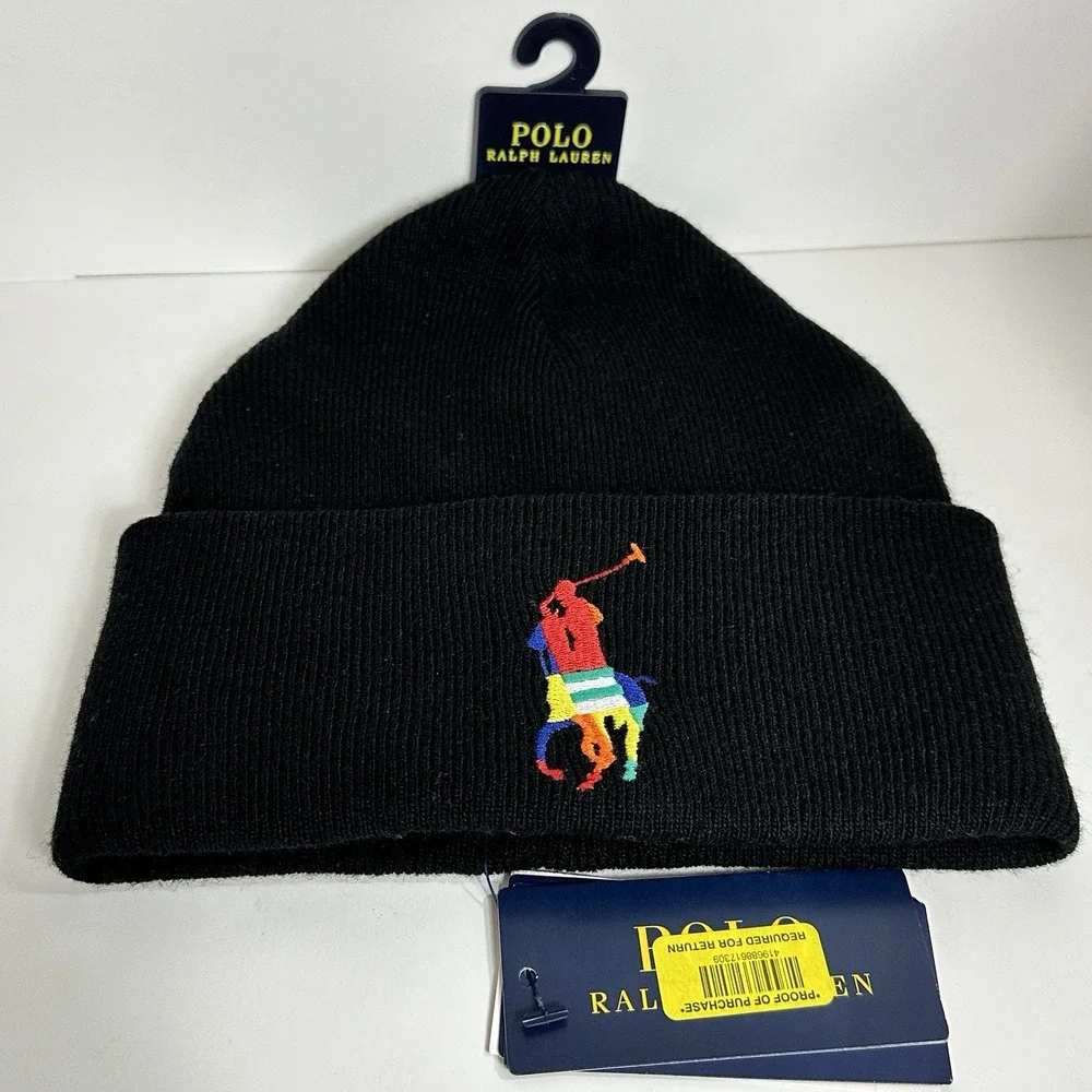 Polo Ralph Lauren Reversible Big Pony Knit Beanie Black Ski Hat Cap One Size NEW